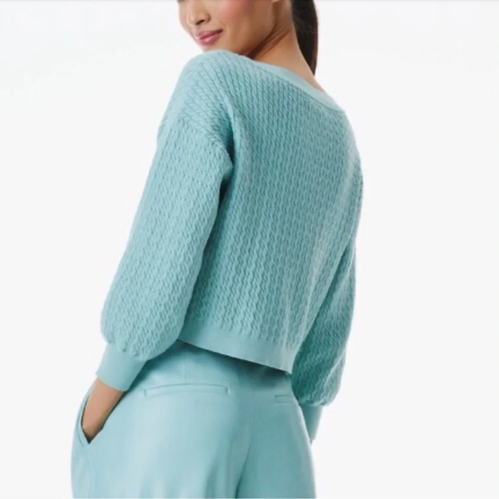 EUC Alice + Olivia Seafoam Green Teal Cable Knit Cropped Cardigan Sweater Sz XL